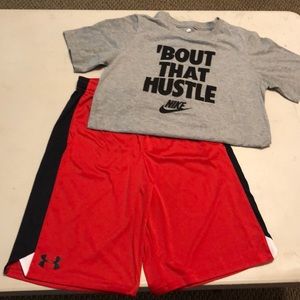 Nike graphic tee & Under Armour shorts. Youth L/XL